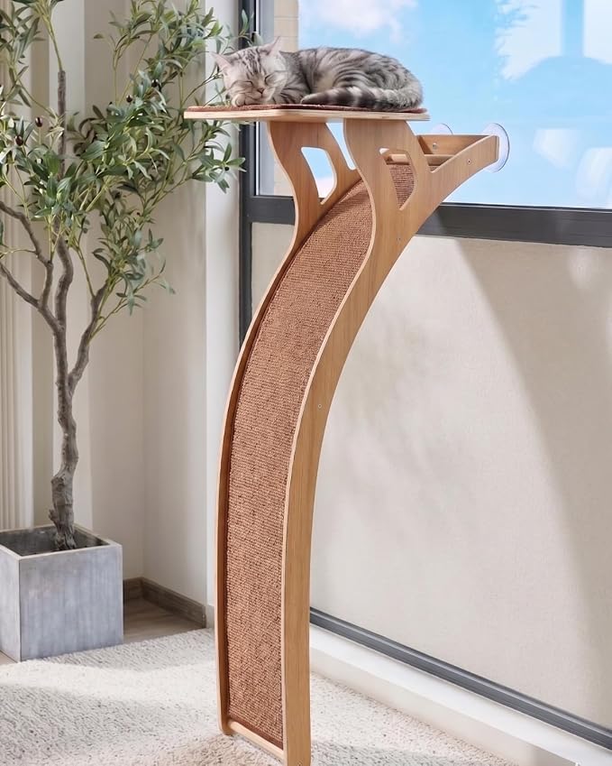 JKXJKX 47" Floor Standing Cat Window Perch with Curved Scratching Ramp, 80 Lbs Heavy Duty Window Bed Seat with Suction Cups, Furniture for Large Cats Indoor Bird Watching