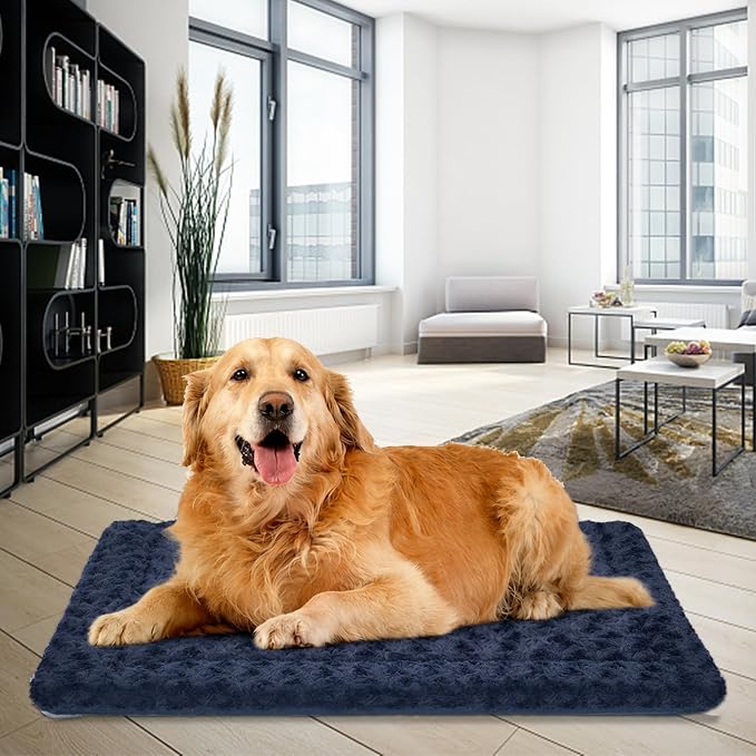 EMPSIGN Dog Crate Pad for 48"x30" Dog Crate, Plush/Canvas Navy | Reversible Kennel Mat (Cool & Warm), Machine Washable, Cozy Plush Sleeping Pad, All-Season Pet Bed
