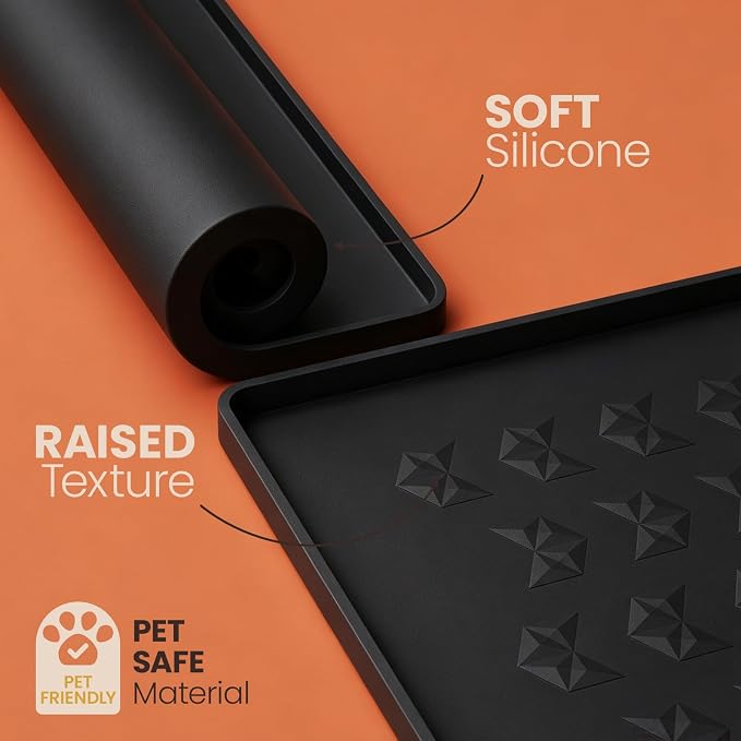Silicone Pet Feeding Mat - 100% Waterproof Dog & Cat Bowl Pad with Raised Edges - Protects Floors from Messy Eaters & Spills - Anti-Slip, 100% PET-SAFE, Dishwasher Safe (22"x14"x0.4", Black)