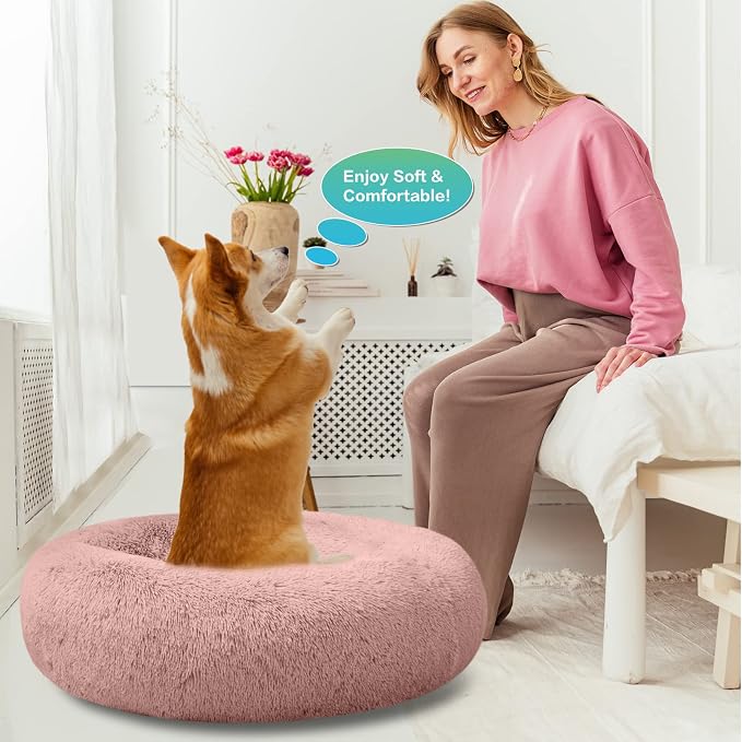 SAVFOX 20 inches Calming Donut Dog Bed - 3X Durable Plush Faux Fur, Machine Washable & Non-Slip, Fits up to 15 lbs, Pink