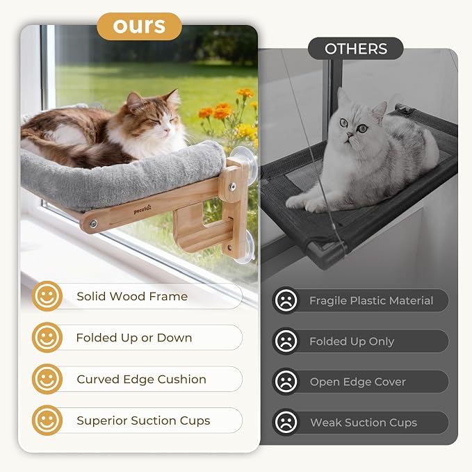 Pecute Cat Window Hammock Foldable, Cat Bed with Soft Cushion Grey, 26" L | Sturdy Wood Frame, Collapsible Large window perch with Strong Suction Cup for Indoor Cat, foldable Design, Soft Plush Surface