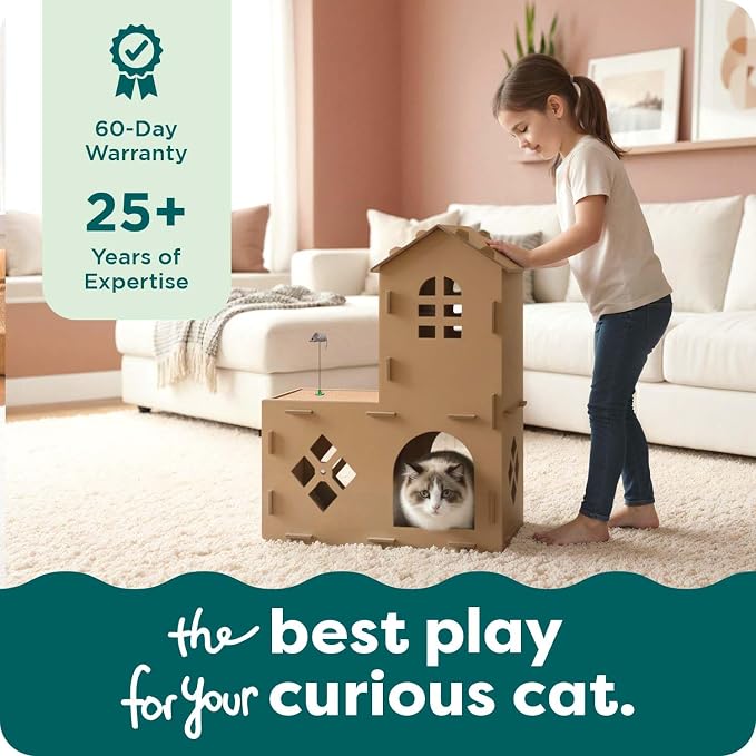 FurHaven Townhouse Multi-Level Cardboard Cat House for Indoor Cats with Catnip & Toys, Double-Walled Corrugated Scratcher Designed for Lounging, Play & Comfort, One Size, Cardboard, Brown