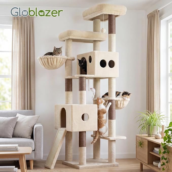 Globlazer Tall Cat Tower Extra Large Cat Tree House, S77D, Beige | 77 inch Cat Climbing Tower for Indoor Cats Large Adults with 5 Scratching Posts, 2 Cat Condos, 2 Platforms