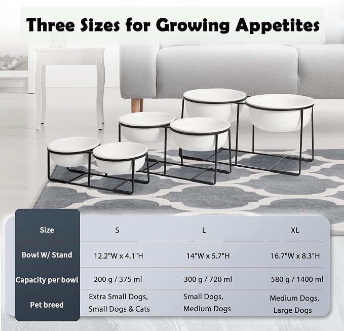 Ceramic Elevated Dog Bowl Set - Raised Double Feeding Bowls with Metal Stand - Pet Dishes for Medium and Large Dogs - 5.8 Cups - 47.3 fl oz - Matte White