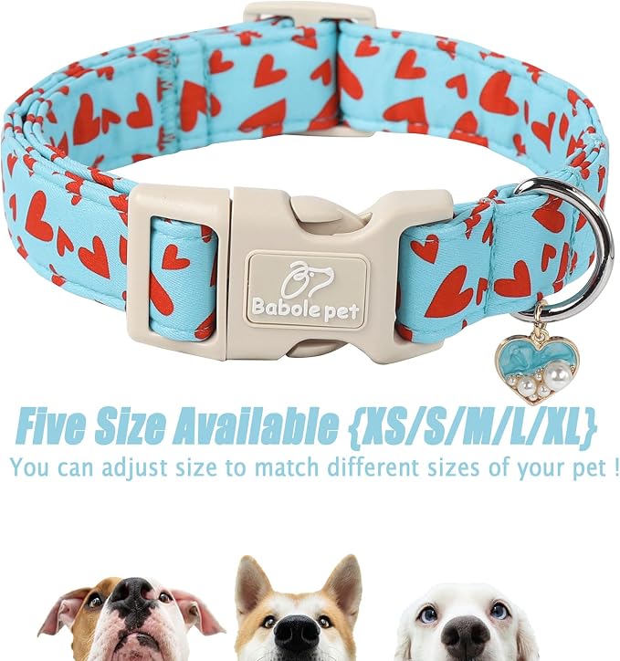 Valentines Dog Collar for Large Dogs - Cute Valentine Blue Dog Collars, Adjustable Puppy Red Hearts Collar with Quick Release Buckle for Boys&Girls Dogs L