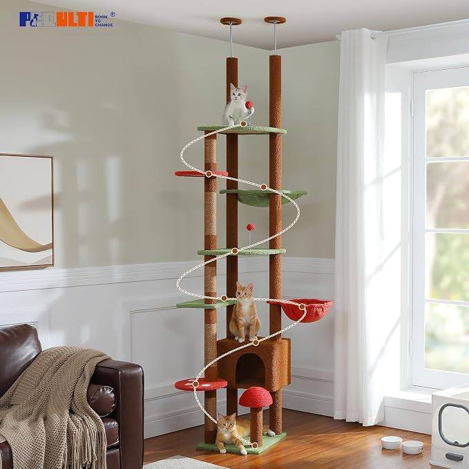 PEQULTI Floor to Ceiling Cat Tree Tower, Height Adjustable 230-252cm, Brown | Mushroom climbing pole for large cats with cat condo, hammock & sisal scratching posts; measure ceiling, fits 230-252cm