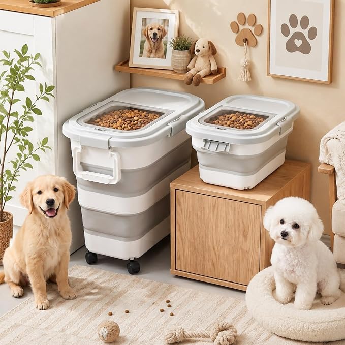Sawysine 2 Pack 35Lbs & 20Lbs Airtight Dog Food Storage Container | Collapsible Design, with Attachable Casters, for Pet Food, Cat Litter, Rice Storage, Keep Dry Food Fresh, Easy to Move