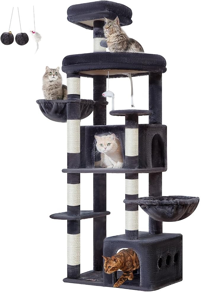 Taoqimiao 71in Cat Tree, Heavy Duty Large Cat Tower for Indoor Cats MS050G | Extra Wide Sturdy Base, Tall Multi-level, 7 Sisal Scratching Posts, 2 Houses, 2-Post Supported Baskets, 2 Perches, Smoke Gray