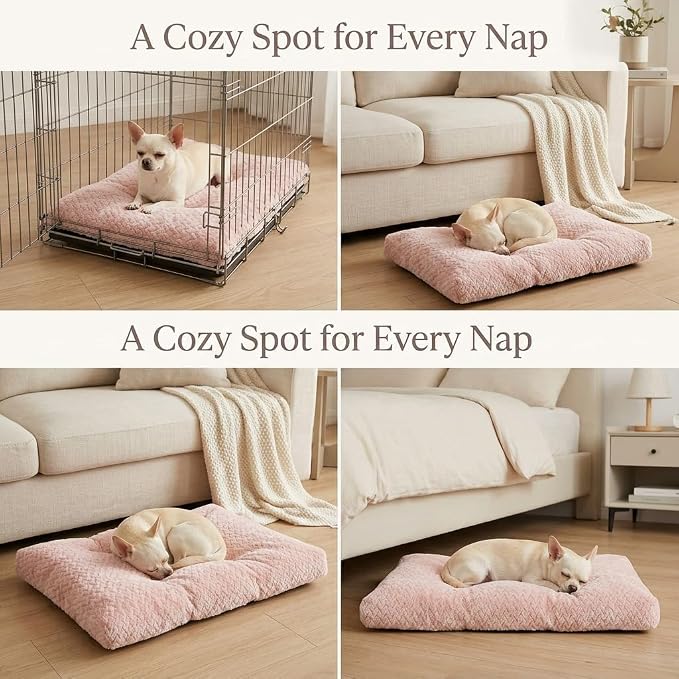 Small Dog Bed for Crate,22 Inch Washable Dog Crate Pad for Dog Cages,Soft Jacquard Flannel Puppy Kennel Bed with Anti-Slip Bottom,Fluffy Dog Mat for Small Dogs,Pink