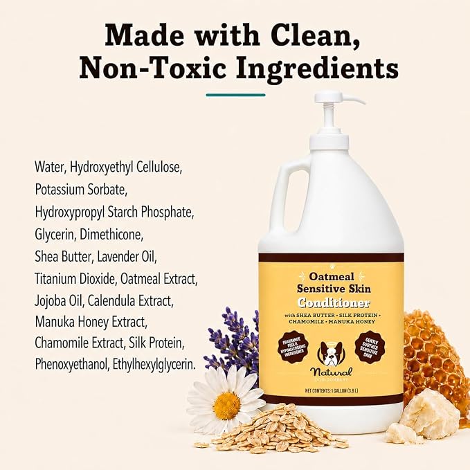 Natural Dog Company Sensitive Skin Dog Conditioner – Oatmeal Moisturizing for Sensitive & Itchy Skin, Detangling Grooming Formula for Long Haired Dogs, with Manuka Honey & Chamimile, 128 oz