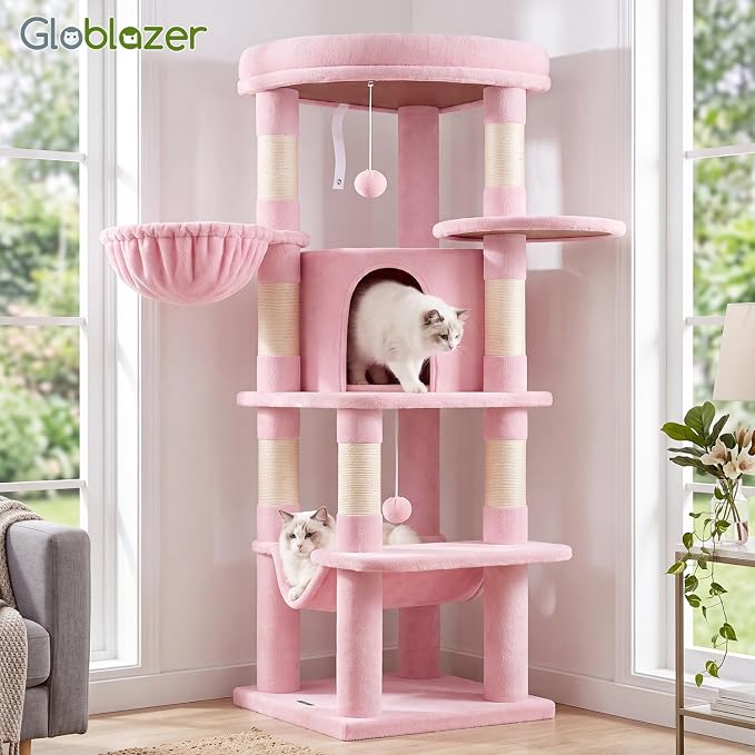 Globlazer Pink Corner Cat Tree Tower with Scratching Post, C51, Pink | 51in Space-Saving Multi-Level Cute Cat Condo for Indoor Cats with Hammock, Large Top Perch for Large Cats, Cozy Cat Cave