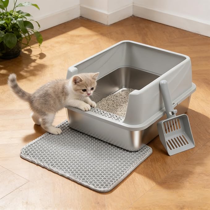 Stainless Steel Litter Box with Lid,Low Entry Cat Litter Box | Metal Kitty Litter Box with Scoop and Mat,Kitten Litterbox for Small to Medium Cats,Non-Stick,Odor-Free,Easy to Clean