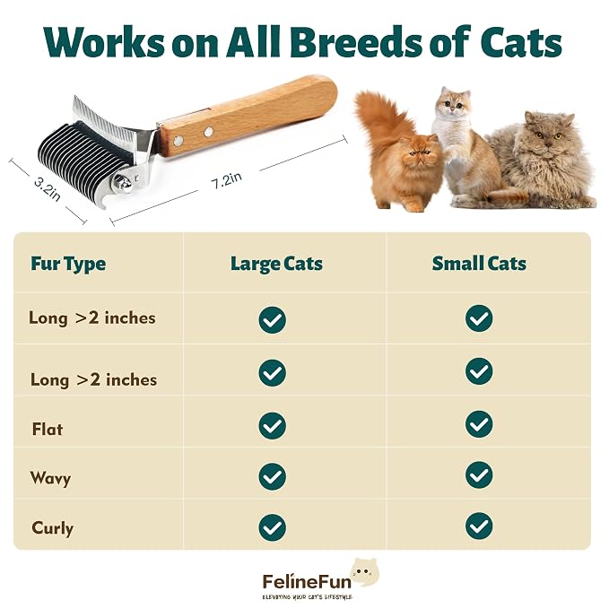 FelineFun Cat Brush for Dematting & Deshedding, 2 in 1 Undercoat Rake, Efficiently Remove Loose Hair & Matted Fur, Professional Shedding Comb for Indoor Cats & Long Haired Cats | Dual-sided undercoat rake helps remove loose hair, tangles, and light to ...