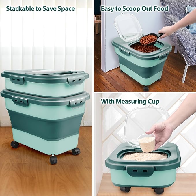 Viretec Dog Food Storage Container, 10-20Lbs Collapsible Pet Food Storage Containers with Rolling Wheel Airtight Locking Lid, Dry Food Storage Bin with Cup and Scoop,Suitable for Pet Food, Flour, Rice