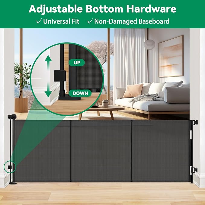 Reinforced 85" Wide Retractable Baby Gates Extra Wide Retractable Dog Gate with Support Rods – Prevent Crawling Under, Indoor Wide Baby Gate Outdoor Retractable Gate, Puppy Gates for The House, Black