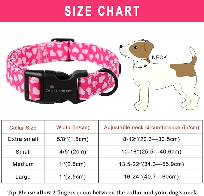 ARING PET Valentines Dog Collar, Cute Cotton Pink Heart Adjustable Valentine Pet Collars Puppy Collar with Quick Release Buckle for Girl Dogs-L