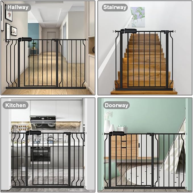 Fairy Baby Walk Through Black Baby Gate 29-34 Inch Wide for Stairs, Pressure Mounted Safety Gate with Door No Drill, Tension Metal Gate for Dog and Toddler
