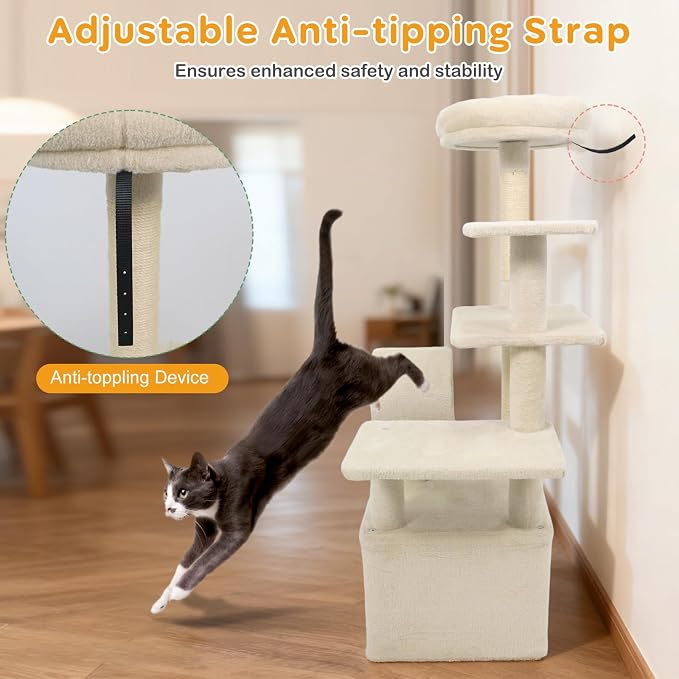 Multi-Level Cat Tree Tower, 48 Inches Tall with Sisal Scratching Posts, Condo, Tunnel with Dangling Ball Inside, Padded Top Perch, Multiple Jumping Platforms, Ideal for Indoor Cats (Beige)