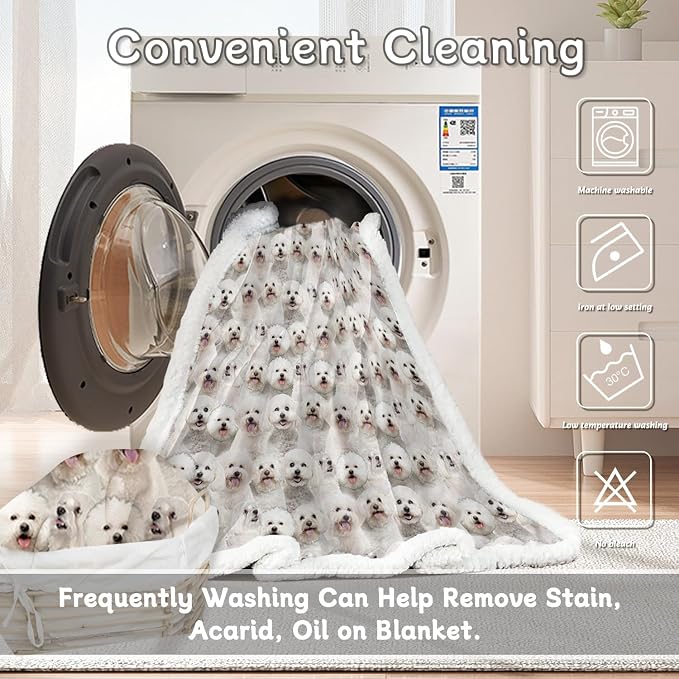 BlessLiving Bichon Frise Blanket 108x90 Inches - Ultra Soft Reversible Sherpa & Fleece Throw, Large Plush Cozy Blanket for Couch Bed Sofa, Gift for Dog Lovers Women Men