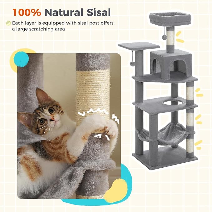 PEQULTI 56.3'' Cat Tree for Indoor Cats, Multi-Level Cat Tower with 2 Top Perch, Cat Condo, Hammock and Sisal-Covered Scratching Post