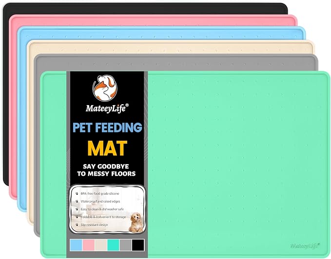 MateeyLife Dog & Cat Food Mat - Waterproof, Nonslip Dog Bowl Mats with Raised Edges, Silicone Matt Tray for Messy Drinkers, 22"x14", MintGreen