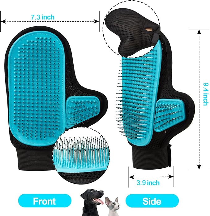 2025 Pet Grooming Glove with Tipped Pin Brush,Special Design Deshedding Glove, Perfect Petting Tool for Sensitive Dogs & Cats with Long & Medium Fur, Massage Mitt - Right-Hand - Blue