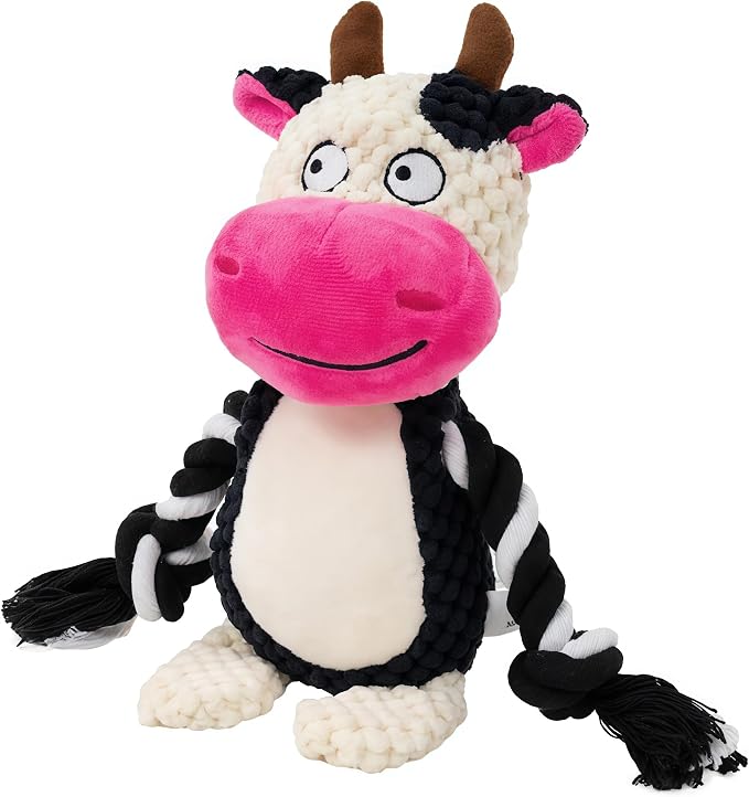 Dog Toy with Rope Arms Dairy Cow, Squeaky Interactive Pet Toy, Purple, for Small & Medium Dogs