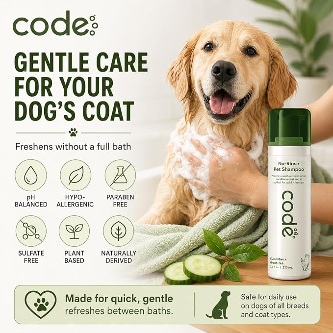 No-Rinse Pet Shampoo Foam, Waterless Dog Shampoo with Oatmeal, Aloe & Chamomile, Dog Shampoo Sensitive Skin, Hypoallergenic Dry Shampoo for Dogs, Cucumber Green Tea Scent, 7.8 fl oz