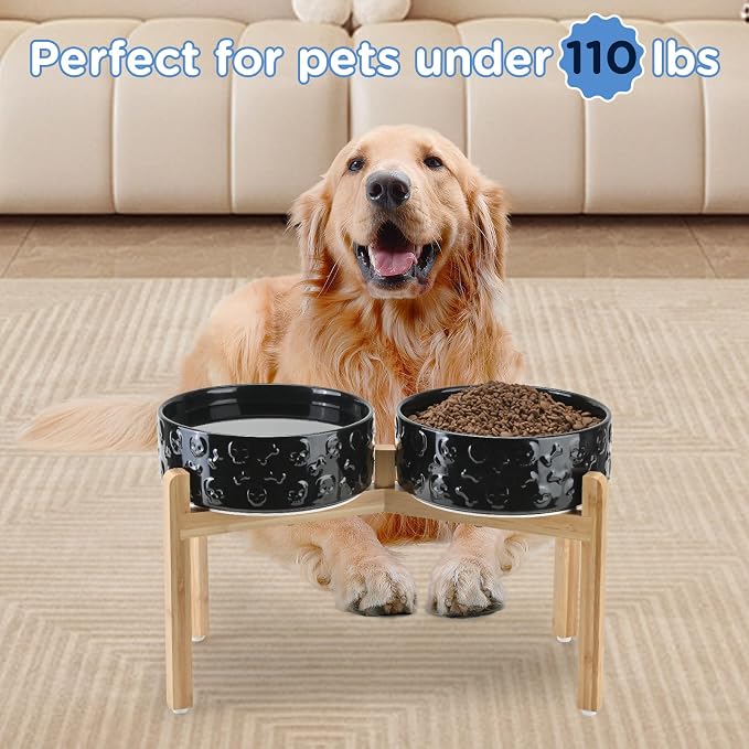SPUNKYJUNKY Elevated Dog Bowls Ceramic, 8.3'' Dogs Food Water Bowls Raised with Non-Slip Bamboo Stand for Large Sized Breed Microwave Dishwasher Safe - 60 OZ,Skull Black