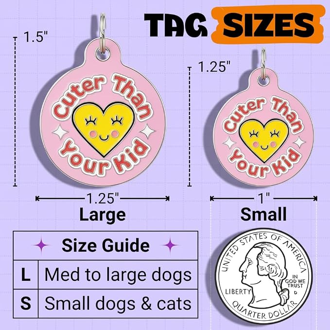 Bad Tags Personalized Dog and Cat ID Tags in 25+ Designs and 2 Sizes - 5 Lines of Custom Engraved Text - Funny Cute Personalized Pet Tags (Cuter Than Your Kid - Pink, Large (1.25 inch))