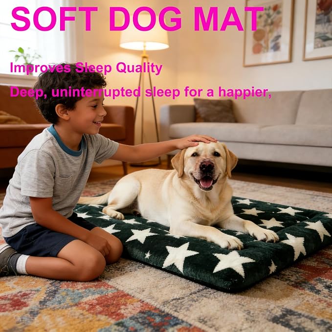 Dog Bed Mat, Reversible Crate Pad & Durable Dog Bed - Machine Washable Kennel Mat with Ultra Soft for Large Dogs (Big&Small Stars Green, 35" L*23" W*1.5" Th)