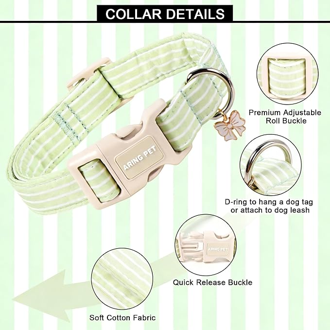 ARING PET Stripe Dog Collar, Cute Spring Summer Green Stripe Pet Collars with Bow Charm for Puppy Small Medium Large Boy Girl Dogs-S, for Daily Outdoor Walking Training