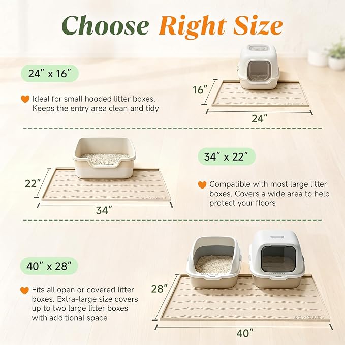 Songrey Silicone Cat Litter Mat 34" x 22", Large Litter Trapping Mat, Beige | Waterproof, Urine-Proof Litter Box Mat for Floor, Soft on Kitty Paws, Easy To Clean, Cat Supplies, Pet Feeding Mat