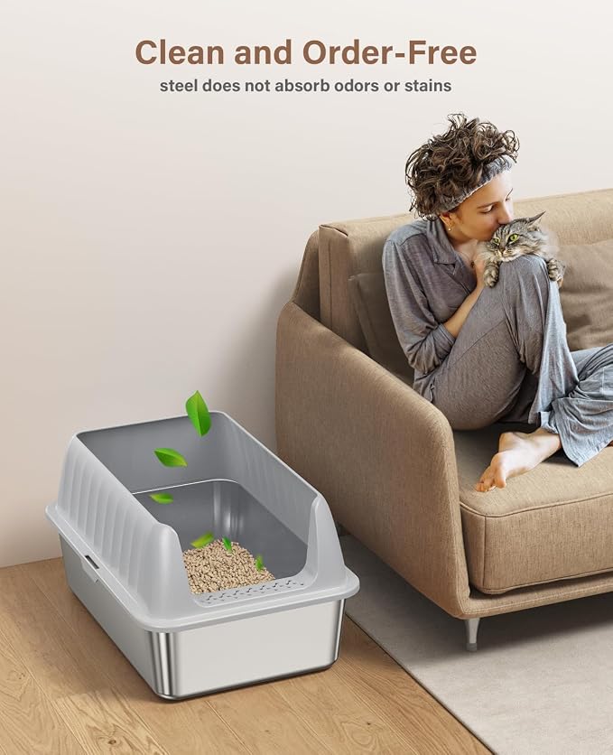 Stainless Steel Cat Litter Box XL with Lid, Enclosed Metal Extra Large Litter Box Pan High Sided with Scoop for Big Cats, Non-Sticky, Anti-Urine Leakage, Easy Cleaning (Light Gray, Large)