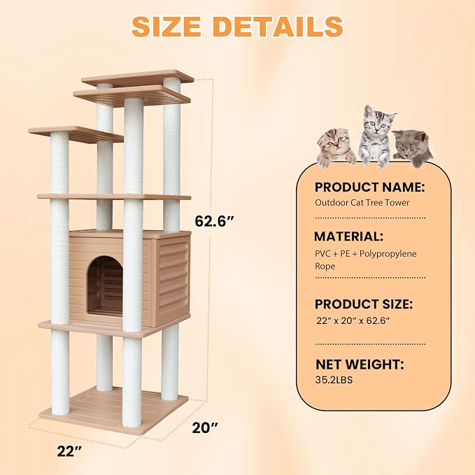 62"Tall Outdoor Cat Tree,Weatherproof Large Cat Condo with Scratching Posts | Khaki Multi-Level Cat Tree Design,Polypropylene Scratching Posts,Suitable for Indoor and Outside Use,Easy to Assemble CTT-10