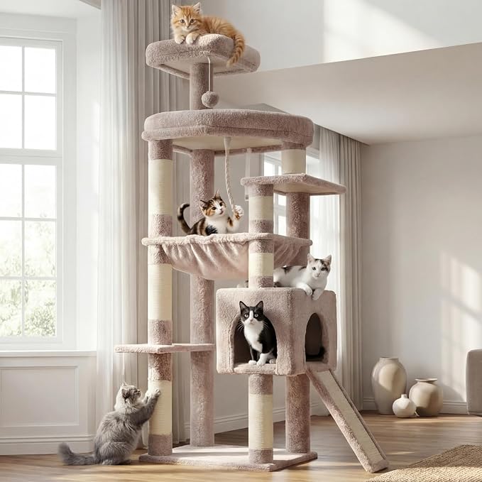 Heybly 64.2" Heavy-Duty Cat Tree for Large Cats with Wide Base HCT027MU | Indoor Cat Tower with Scratching Posts & Board, Cat Furniture with Big Platforms, Extra-Large Hammock, Rosy Brown