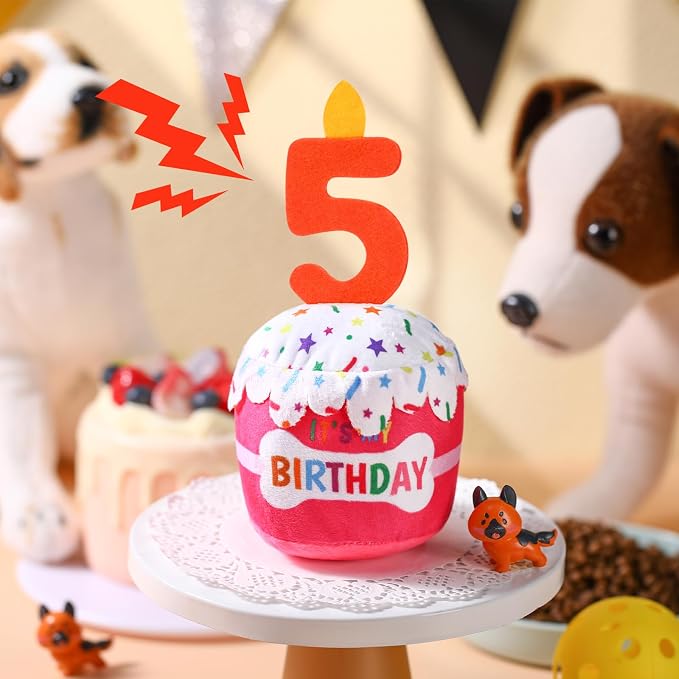 Dansydaisy Dog Birthday Cake Toy Squeaky Plush Toy for Girl Boy Gifts, Chew Accessories for Dog Birthday Party Decor Favor for Large, Medium and Small Dogs(5th,Pink)