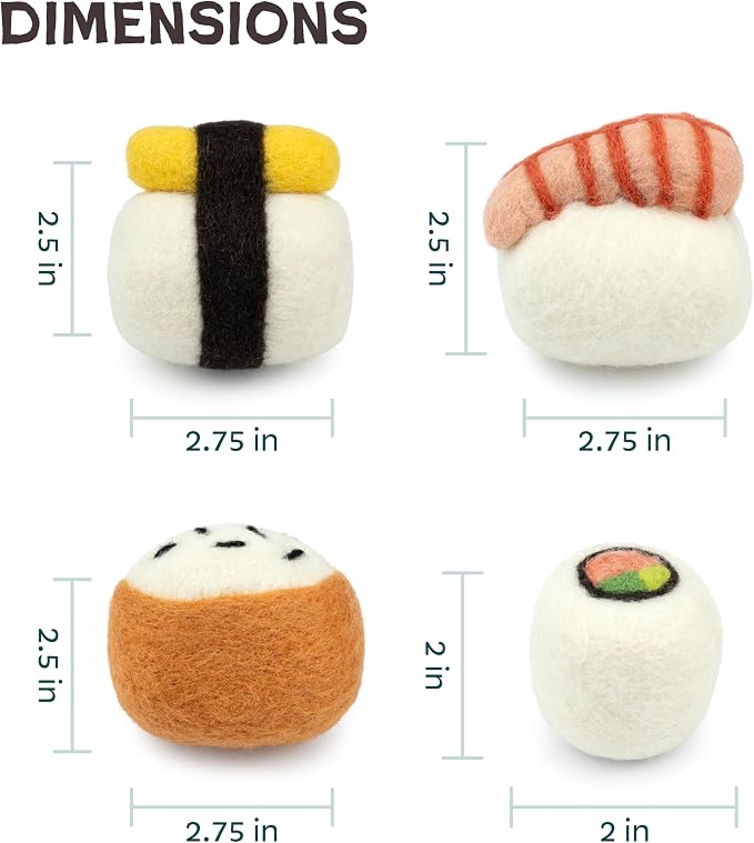 Woolbuddy Sushi Cat Toy Set – Wool Felt Interactive Toys for Indoor Cats & Kittens, Catnip-Free, Durable, Cute Enrichment Toys for Bored Cats, Natural Wool Dental & Hunting Play (Large – 4 Pcs)