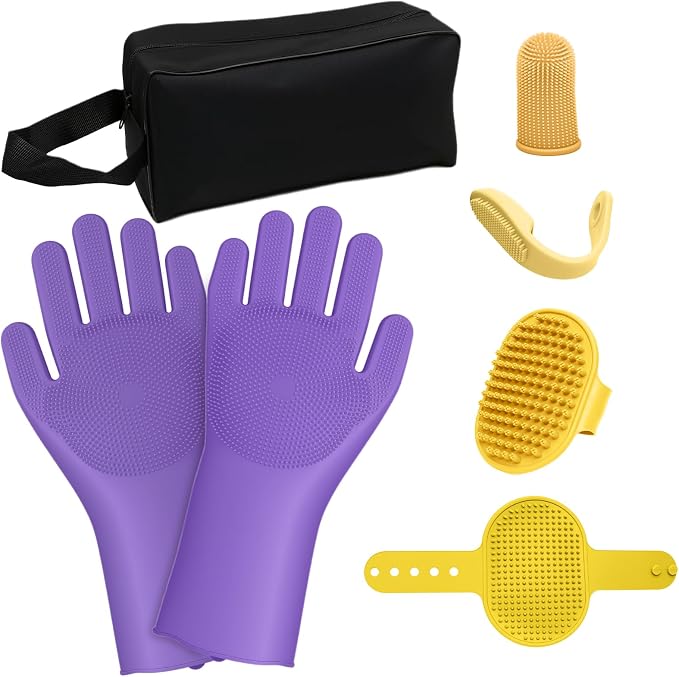 7PCS Pet Grooming Kit for Dogs and Cats | Dog Bath Brush | Washing Gloves | Cleanroom Gloves | Dog Shampoo Brush | Finger Toothbrushes | Storage Bag | All-in-One Pet Care (Purple)