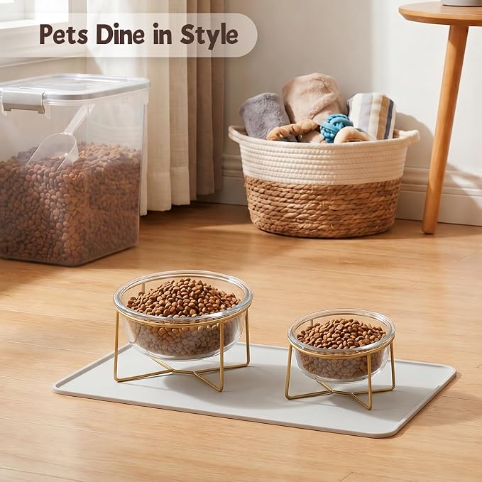 Large Glass Tilted Elevated Cat Dog Bowl Raised Cat Food Water Bowl Dish Pet Comfort Feeding Bowls with Gold Iron Stand