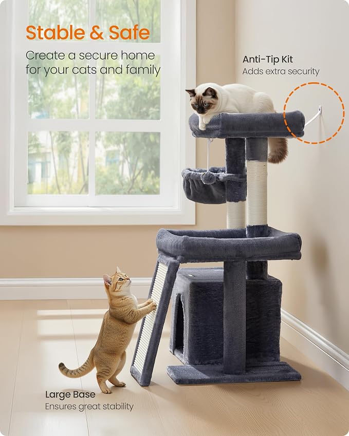 Feandrea Cat Tree, Cat Tower Condo with Scratching Posts and Ramp, 2 Large Perches, Cave, Basket, 33.8 Inches Tall, Dark Gray UPCT013GS02S