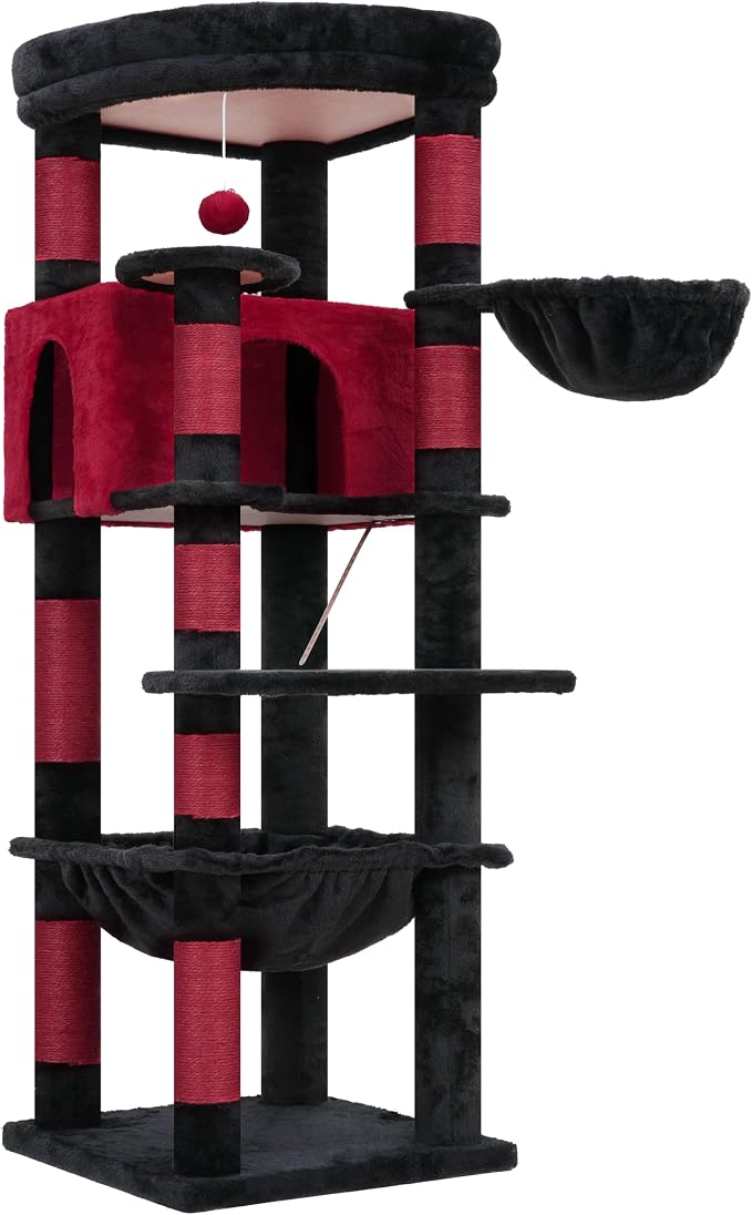 Heybly 53.1" Corner Cat Tree for Large Cats – Interactive Play HCT029BR | Sturdy Cat Tower with Cozy Cat Condo, Fan-Shaped Top Perch, Basket, Hammock & Solid Base, Black and Red
