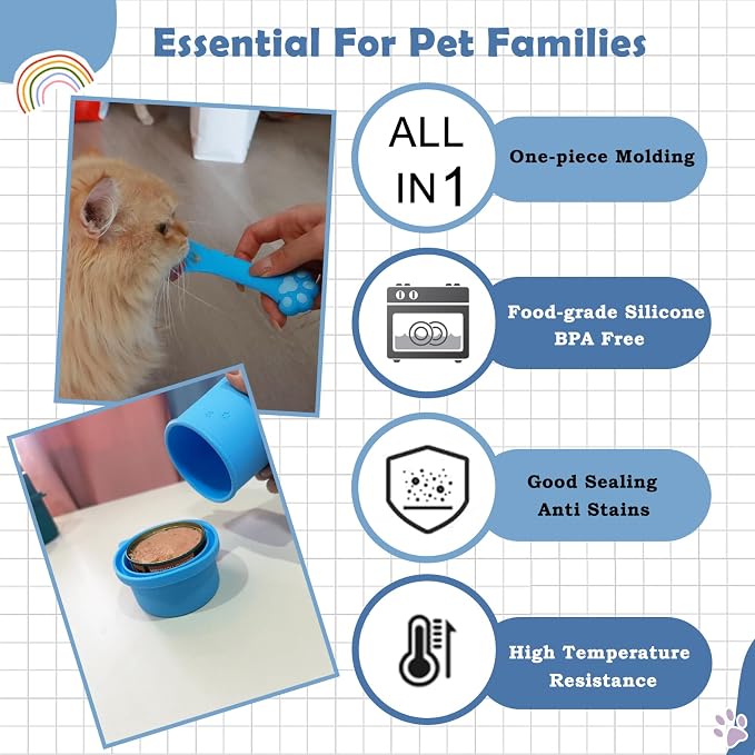 Original Canned Dog Food Storage Container & One Can Spoon | Silicone Can Cover Pet Food Sealer & Cute Paw Shape Opener Spatula | BPA Free, Airtight, Dishwasher & Freezer Safe (Dark Blue+Blue)