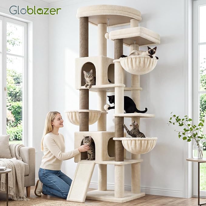 Globlazer 77in Cat Tree Tower for Indoor Cats Large Adult, F77, Beige | Heavy Duty Multi-level Climbing Tower with 6 Scratching Posts & Board, 2 Roomy Condos, 2 Padded Perches, 3 Sturdy Baskets