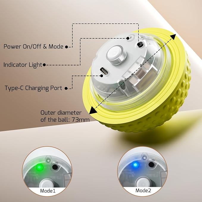 SNOYWEN Smart Interactive Dog Toy, Automatic Moving Bouncing Rolling Ball, Food-Grade Rubber Material IPX7 Waterproof Active Ball for Medium and Large Dogs (Yellow)