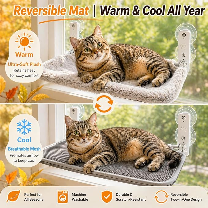Cordless Cat Window Perch, Foldable Stable Cat Hammock, Breathable for Overlooking, Sunbathing & Climbing, Max Hold Up to 40lb