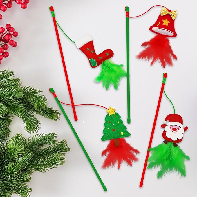 Christmas Cat Toys,4 Pack Cat Wand Toys for Indoor Cats Gifts with Catnip and Feathers, Wand for Cats and Kitten