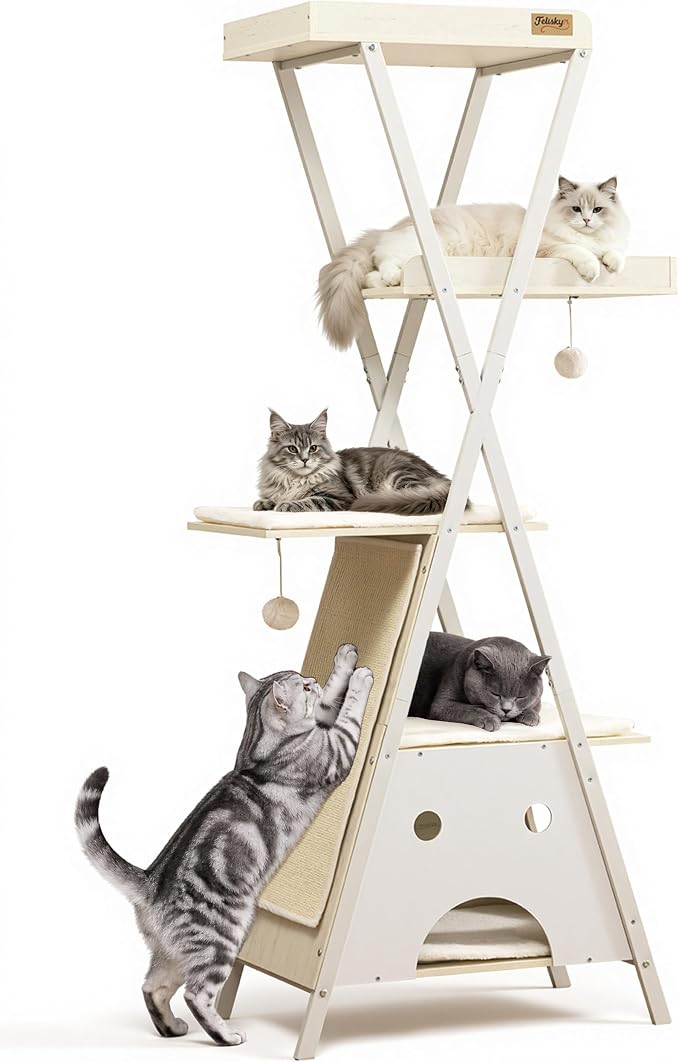 Modern Wood Cat Tree Tower for Indoor Cats Large Adult 67-in Tall | Heavy Duty XL Stable Wooden Cat Condo House Furniture with Multi-Level Spacious Perch Scratching Board Soft Washable Pads