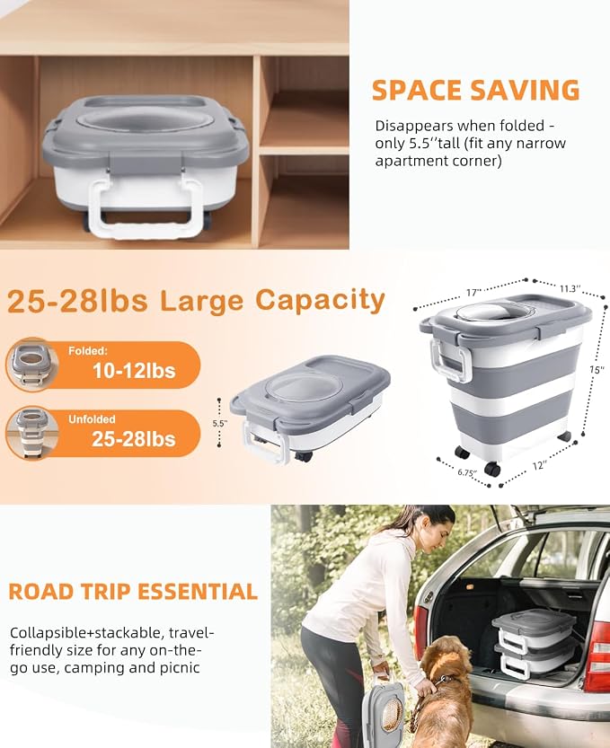 HOYTAMDAR 25-28lb Collapsible Dog Food Storage Container,Dog Food Container | Pet Food Storage Container with Airtight Lid,Wheels,Handle,Measuring Scoop&Small Container For Dog Cat Bird Seed