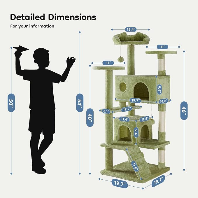 DUMOS 54-inch Cat Tree Tower with Scratching Posts, Indoor Use | Multi-Level Pet House for Large Cats with 2 Condos, Round Platform, Small Ladder and Toys, Green
